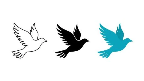 Flying dove bird icon set outline silhouette and color vector Stock Illustration