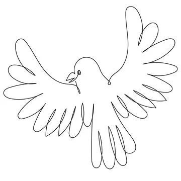Flying dove drawn with a continuous line on a white isolate. Cute kind bird.. Stock Illustration