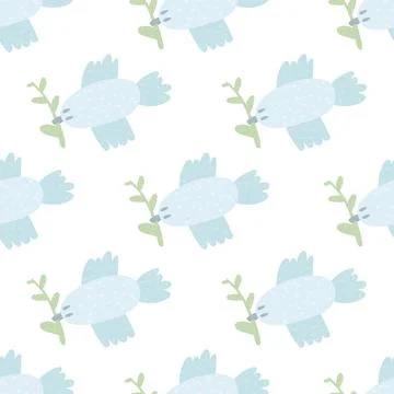 Flying dove with olive branch background. cute flat dove of peace seamless pa Stock Illustration