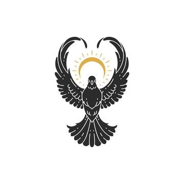 Flying dove wit sun hand drawn silhouette vector illustration Stock-Illustration