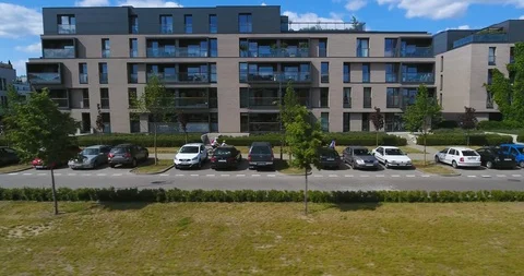 Flying Down The Apartment Complex Street Stock Footage 90261446