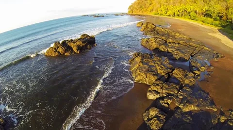 Flying down beach with birds Aerial Stock Footage 34395420