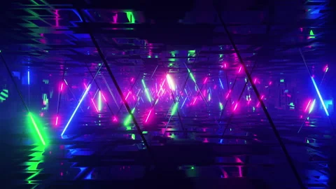 Flying down a corridor with multicolored flashing fluorescent lights. Infinitely Video stock 179350725