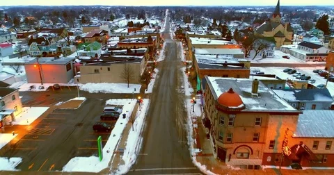 Flying down main street in small town America, Christmas Decorations Stock Footage