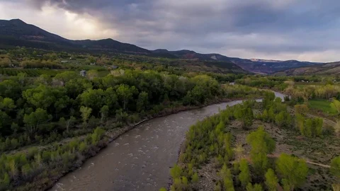 Flying Down River Lush Green Paonia Colorado Aerial Drone View Stock Footage 81999997