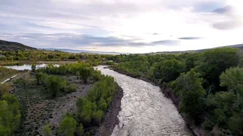 Flying Down River Lush Green Paonia Colorado Aerial Drone View Stock Footage 82000599