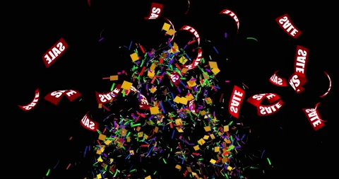 Flying down swirl of red papers with white sale text and fire confetti Vidéo 239619797