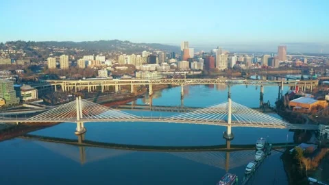 Flying down the Willamette River towards the Tilikum Crossing Bridge Stock Footage 147358176
