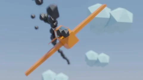 Flying downed plane, low poly clouds and airplane. The camera follows him with Stock Footage 142437457
