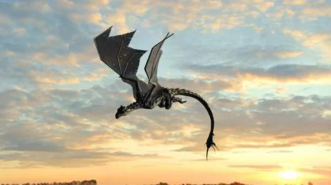 Flying dragon - isolated on a sky background in sunset Иллюстрация