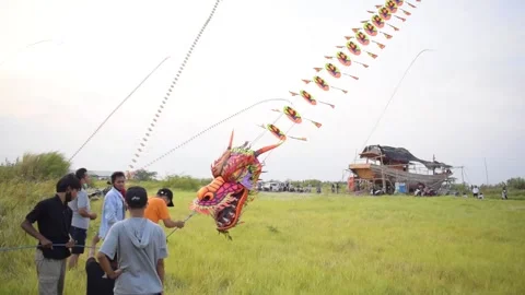 Flying a Dragon Snake Kite Stock Footage 162231401