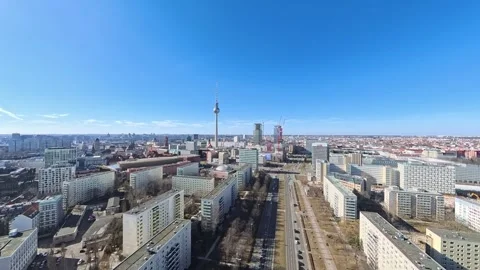 Flying Drone Approach to Berlin TV Tower Fernsehturm in 4K Stock Footage 330168447