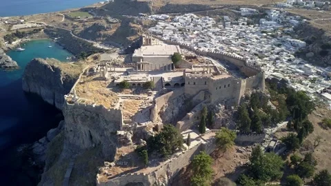 Flying by drone around the acropolis in Greece with a view of the sea Stock Footage 158515176
