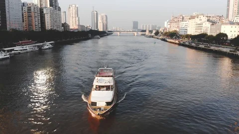 Flying drone back a boat appears in the frame. Stock Footage 101868851
