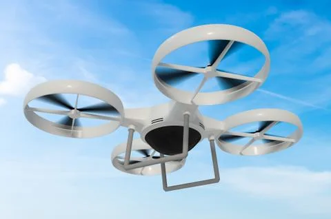 Flying drone in the blue sky. 3D rendered illustration. Illustrazione stock