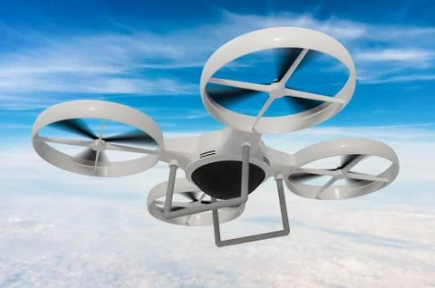 Flying drone in the blue sky. 3D rendered illustration. Illustrazione stock
