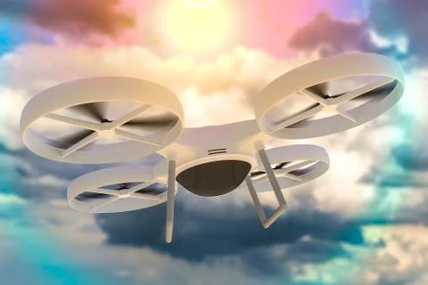 Flying drone in the blue sky. 3D rendered illustration. Illustrazione stock