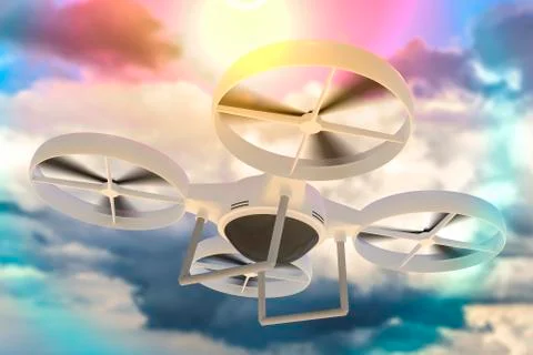 Flying drone in the blue sky. 3D rendered illustration. 스톡 일러스트