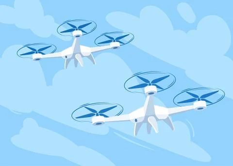 Flying drone with blue sky background, vector illustration. Cartoon drones Stock Illustration