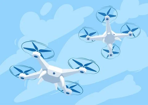 Flying drone with blue sky background, vector illustration. Cartoon drones Stock Illustration