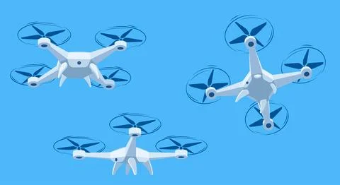 Flying drone with blue sky background, vector illustration. Cartoon drones Stock Illustration