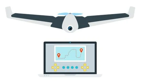 Flying drone with camera and open laptop with location points vector icon flat Stock Illustration