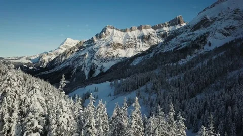 Flying drone close to snowy trees in Swiss Alps. Beautiful mountains in winter Stock Footage 224537996