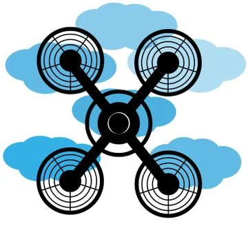 Flying drone with clouds on white background Stock Illustration
