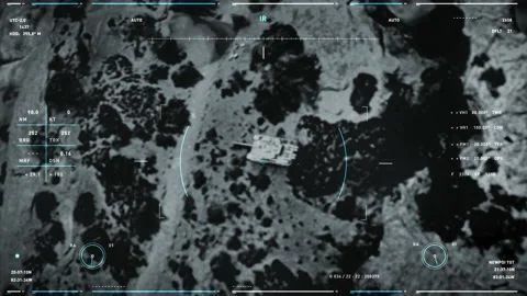 Flying Drone Control System Tracking Enemy Military Tank Uses Weapon To Attack Stock Footage 197341549