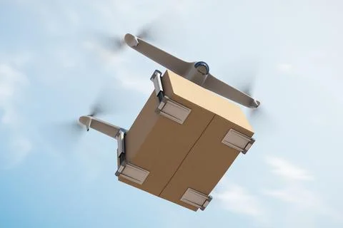 Flying drone courier with box Stock Photos
