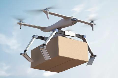 Flying drone courier drops a parcel Foto stock
