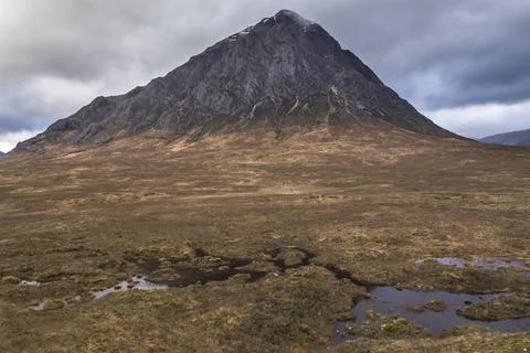 Flying drone epic landscape image of Buachaille Etive Mor and surrounding mou Stock Photos