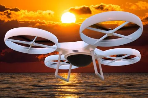 Flying drone with integrated camera on sunset. 3D rendered illustration. Stock Illustration