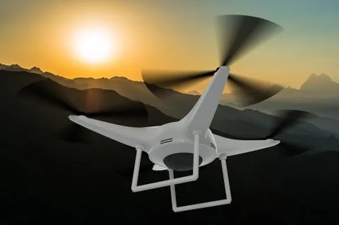 Flying drone with integrated camera on sunset. 3D rendered illustration. Stock Illustration
