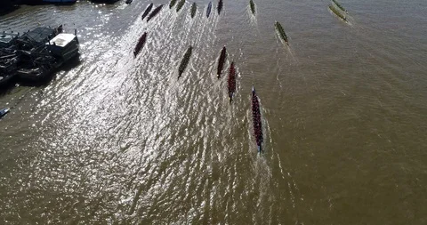Flying drone with many boat at river Stock Footage 99323620