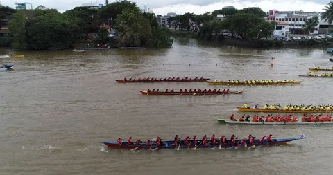 Flying drone with many boat at river Stock Footage 99323968