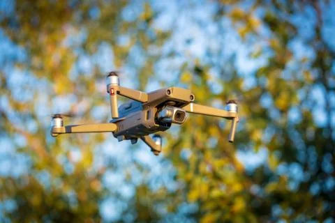 Flying drone like Mavic 2 Pro. Stock Photos