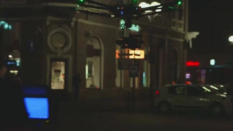Flying drone Night Time in the city downtown Vídeo Stock 142137399