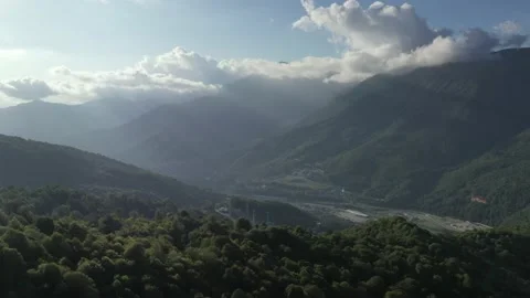 Flying drone over beautiful mountains among clouds. 库存影片 150307791