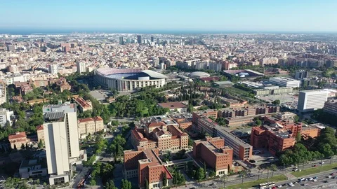 Flying with Drone over Camp Nou Football Stadium FC Barcelona Stock Footage 110923314