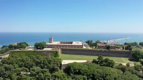 Flying with Drone over Castell de Montjuïc in City Barcelona | 4k 스톡 동영상 110908427