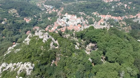 Flying with Drone over Castle of the Moors in Sintra and Portugal Video stock 105524809