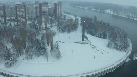 Flying on drone over the central place of the city of Ust Kamenogorsk, strelka d Video stock 236389476
