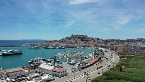 Flying with Drone over the Dalt Vila of Eivissa and its cathedral (Ibiza) Stock Footage 110221830