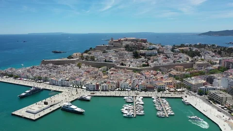 Flying with Drone over the Dalt Vila of Eivissa and its cathedral (Ibiza) Video stock 110228711