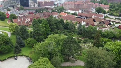 Flying with Drone over Den Gamle By in Aarhus and Denmark Stock Footage 162310259