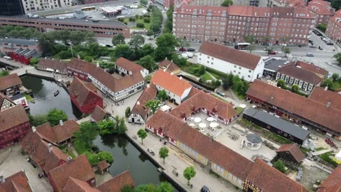 Flying with Drone over Den Gamle By in Aarhus and Denmark Stock Footage 162310324