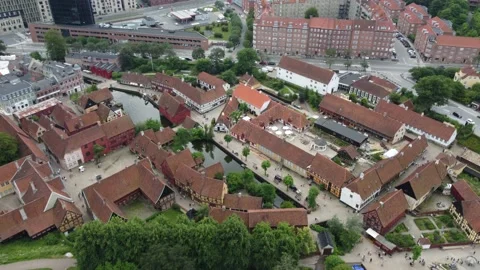Flying with Drone over Den Gamle By in Aarhus and Denmark Stock Footage 162310467