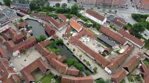 Flying with Drone over Den Gamle By in Aarhus and Denmark Stock Footage 162310670