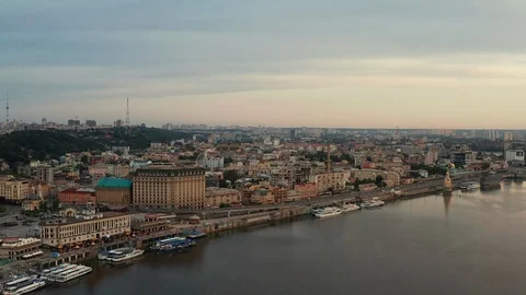 Flying a drone over the Dnieper in Kiev with a view of the capital Stock Footage 117166147